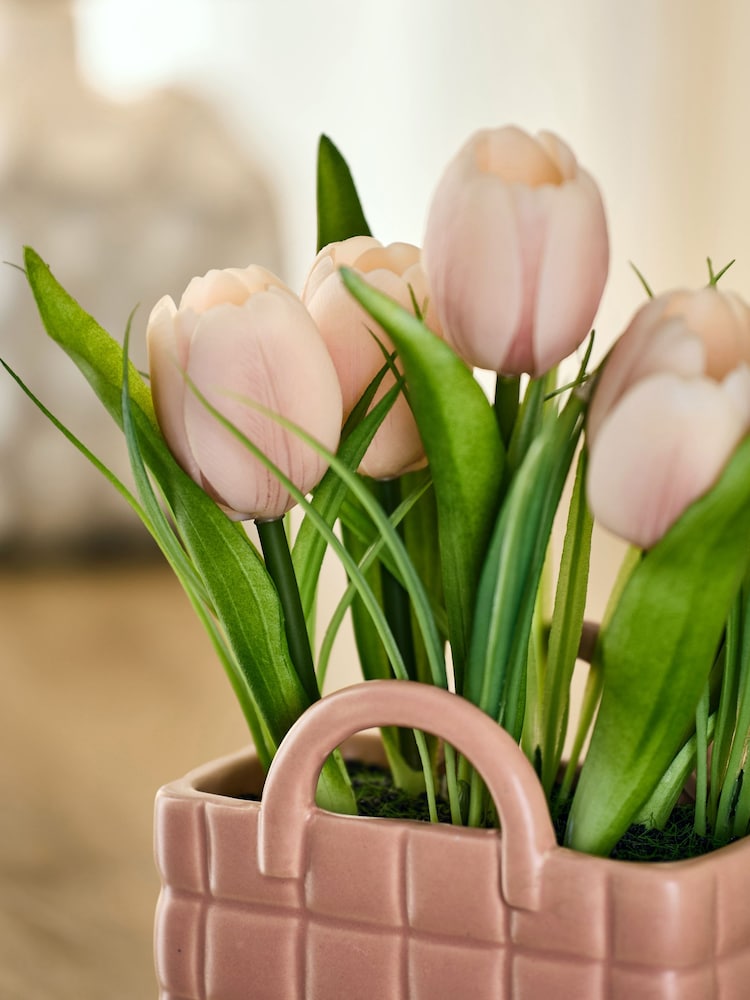 Pink Artificial Tulips in Ceramic Bag Vase - Image 2 of 4