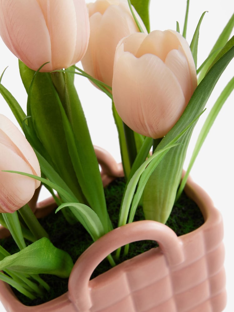 Pink Artificial Tulips in Ceramic Bag Vase - Image 3 of 4