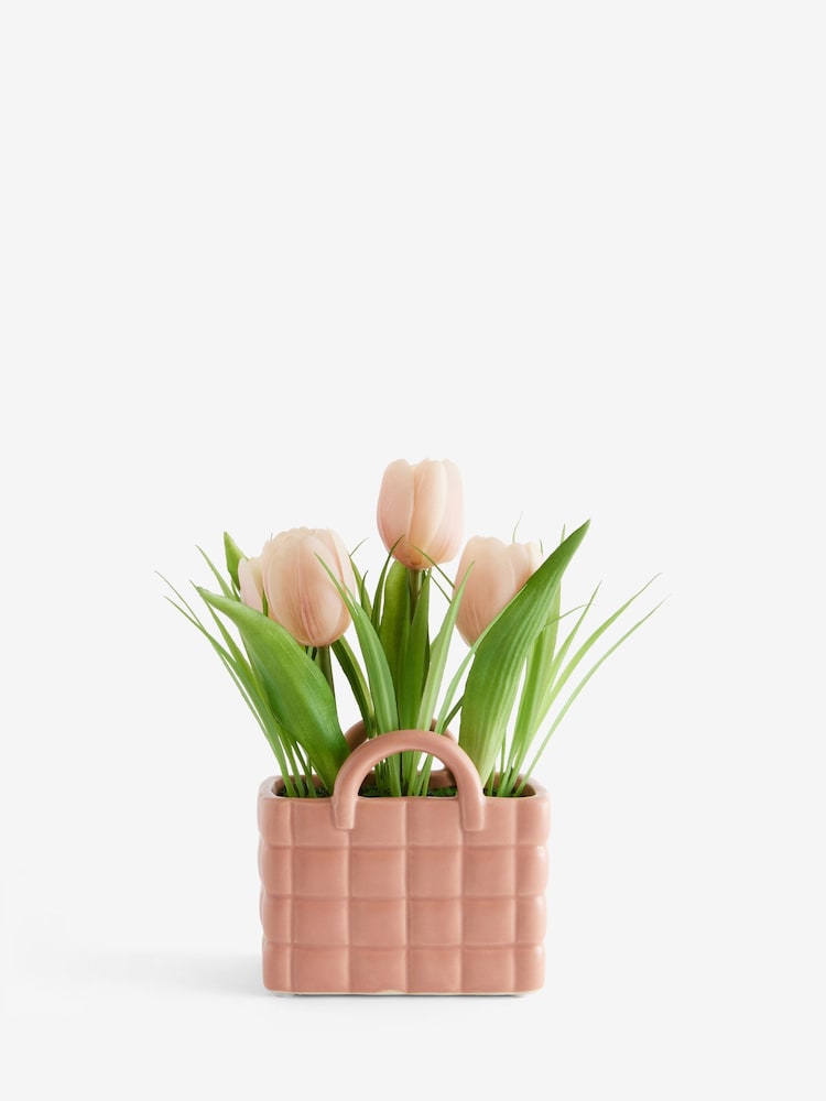 Pink Artificial Tulips in Ceramic Bag Vase - Image 4 of 4