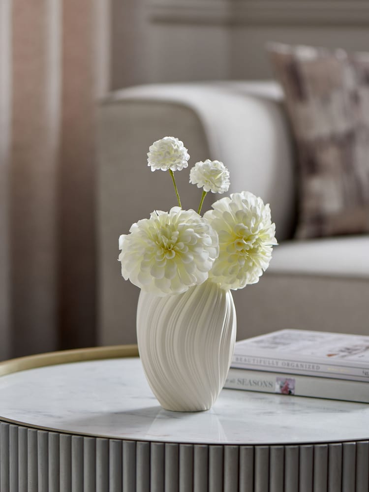 White Artificial Dahila Arrangement In Ceramic Pleated Vase - Image 1 of 3 White Artificial Dahila Arrangement In Ceramic Pleated Vase - Image 1 of 3