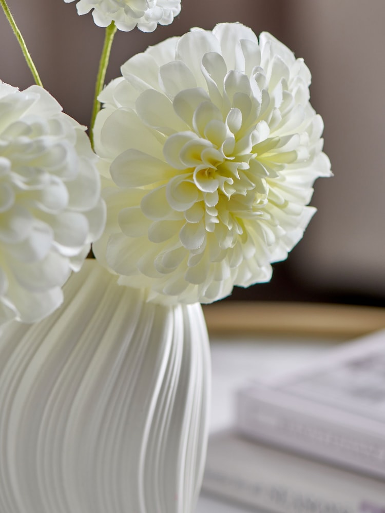 White Artificial Dahila Arrangement In Ceramic Pleated Vase - Image 2 of 3