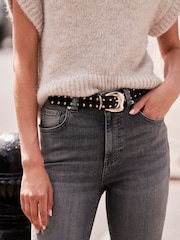 Mint Velvet Black Leather Chunky Studded Belt - Image 1 of 3
