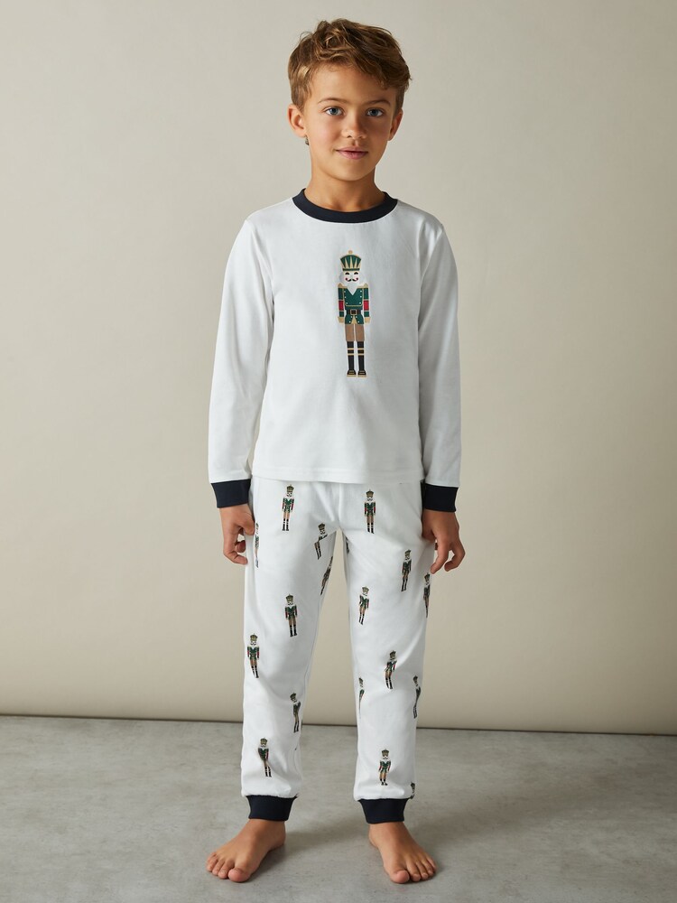 Reiss White Hornton Set 3-9 yrs Brushed-Cotton Nutcracker-Print Pyjama Set - Image 1 of 4
