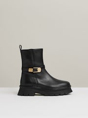 Reiss Black Elena Leather Cleated Ankle Boots - Image 1 of 5
