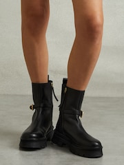 Reiss Black Elena Leather Cleated Ankle Boots - Image 2 of 5