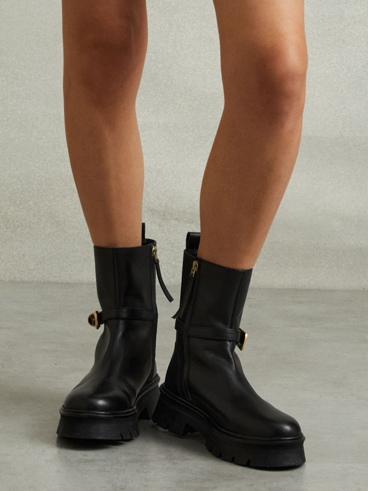 Reiss Black Elena Leather Cleated Ankle Boots - Image 2 of 5
