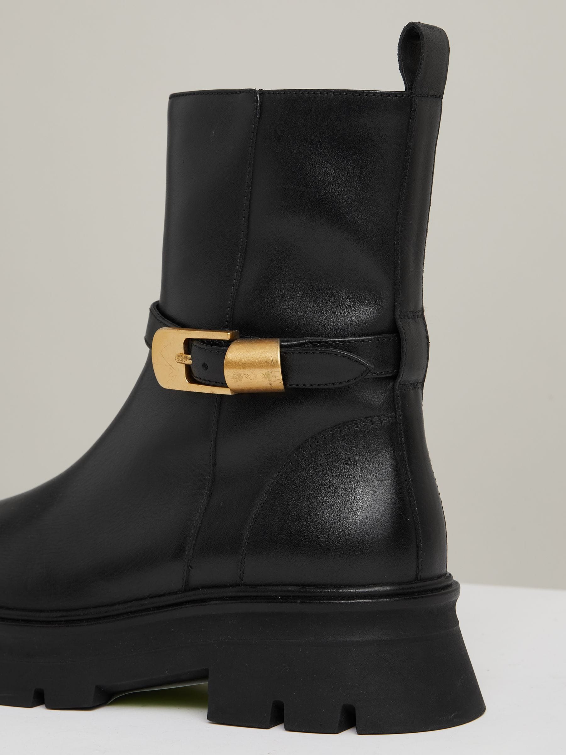 Reiss Black Elena Leather Cleated Ankle Boots