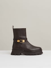 Reiss Chocolate Elena Leather Cleated Ankle Boots - Image 1 of 4