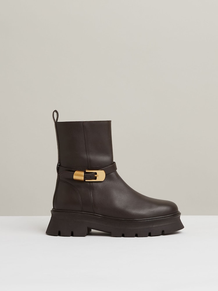 Reiss Chocolate Elena Leather Cleated Ankle Boots - Image 1 of 4