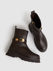 Reiss Chocolate Elena Leather Cleated Ankle Boots - Image 2 of 4