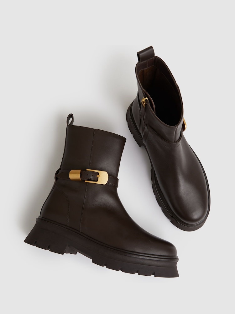 Reiss Chocolate Elena Leather Cleated Ankle Boots - Image 2 of 4 Reiss Chocolate Elena Leather Cleated Ankle Boots - Image 2 of 4