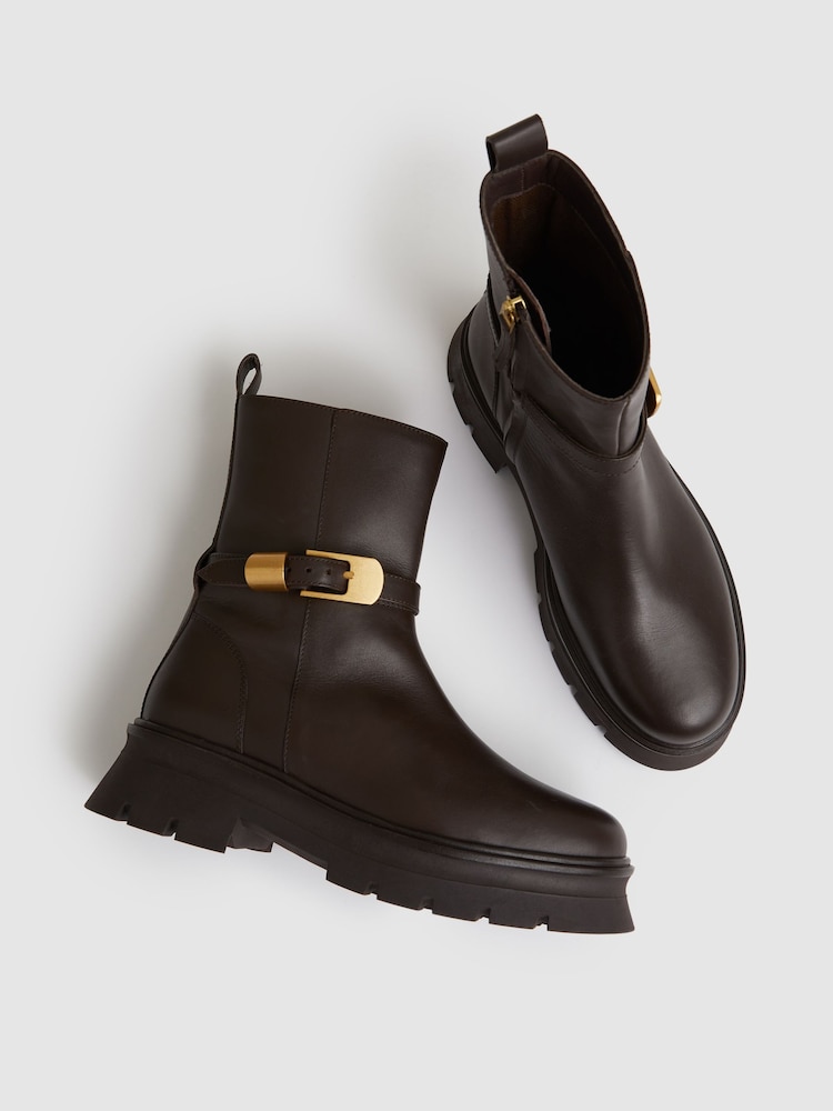 Reiss Chocolate Elena Leather Cleated Ankle Boots - Image 5 of 5