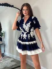 Girl In Mind Blue Sara Navy Border Print Short Sleeve Wrap Playsuit - Image 1 of 4