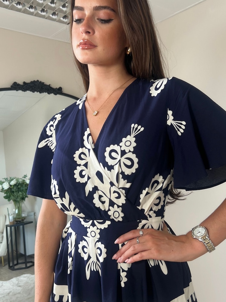 Girl In Mind Blue Sara Navy Border Print Short Sleeve Wrap Playsuit - Image 2 of 4