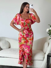 Girl In Mind Pink Heidi Ruched Midi Dress - Image 1 of 4