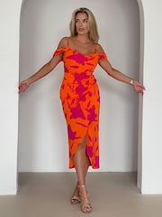 Girl In Mind Orange Camila Cold Shoulder Wrap Midi Dress - Image 2 of 4