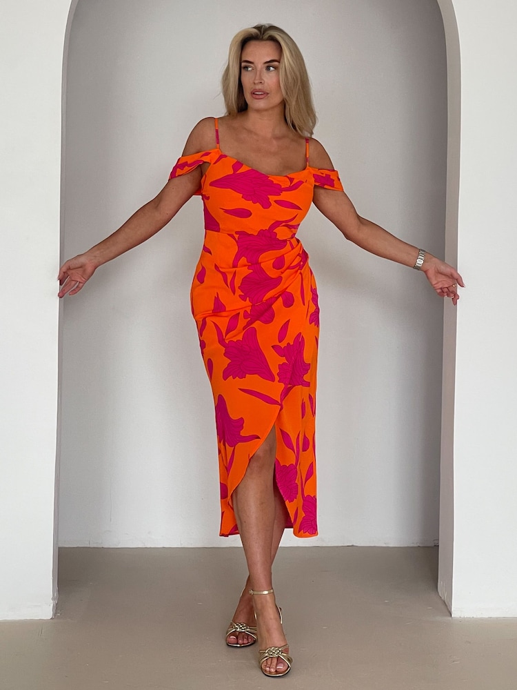 Girl In Mind Orange Camila Cold Shoulder Wrap Midi Dress - Image 2 of 4