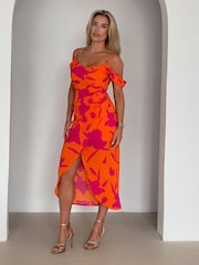 Girl In Mind Orange Camila Cold Shoulder Wrap Midi Dress - Image 3 of 4