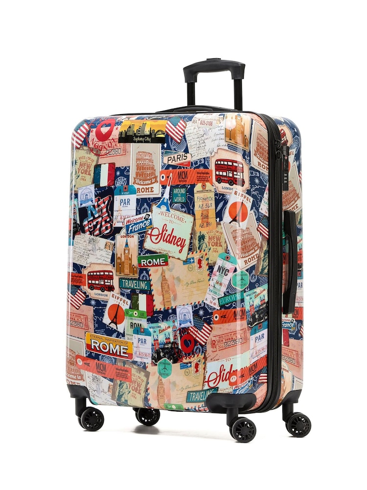 Flight Knight Large Natural Hardcase Printed Lightweight Check In Suitcase With 4 Wheels - Image 1 of 7 Flight Knight Large Natural Hardcase Printed Lightweight Check In Suitcase With 4 Wheels - Image 1 of 7