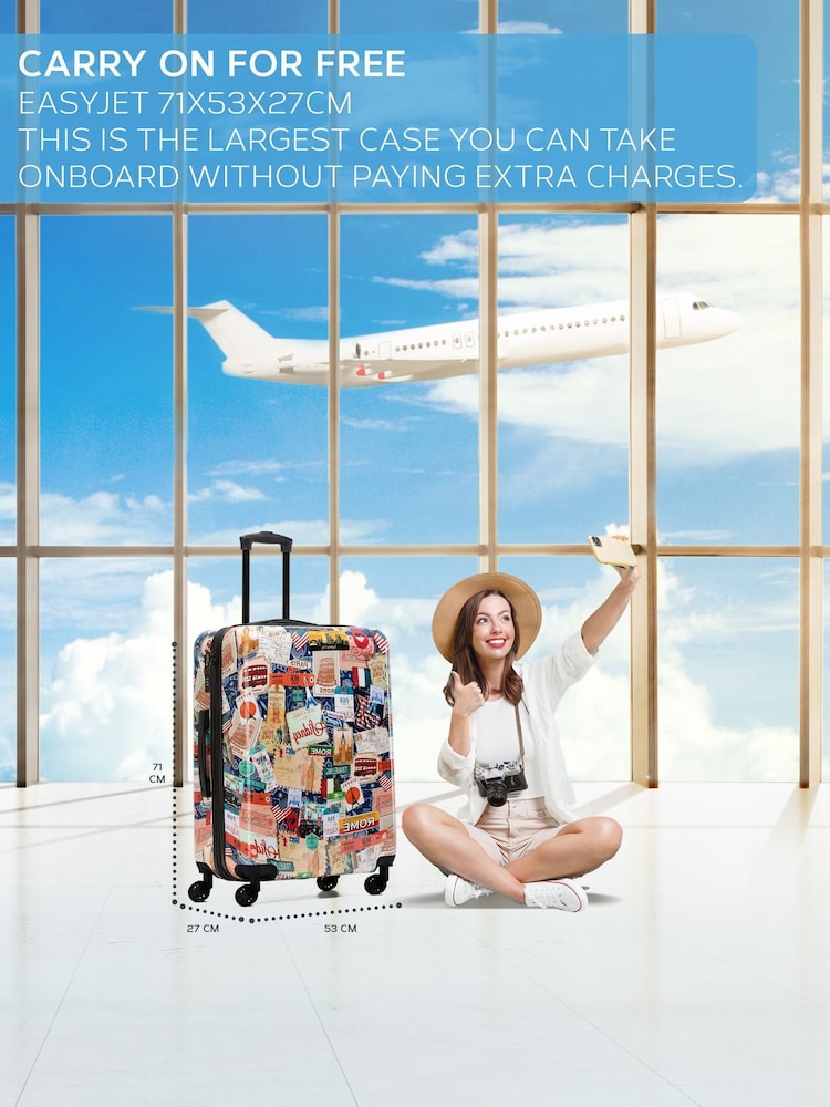 Flight Knight Large Natural Hardcase Printed Lightweight Check In Suitcase With 4 Wheels - Image 2 of 7 Flight Knight Large Natural Hardcase Printed Lightweight Check In Suitcase With 4 Wheels - Image 2 of 7