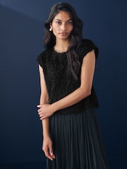 Black Short Sleeve Fluffy Top - Image 1 of 7