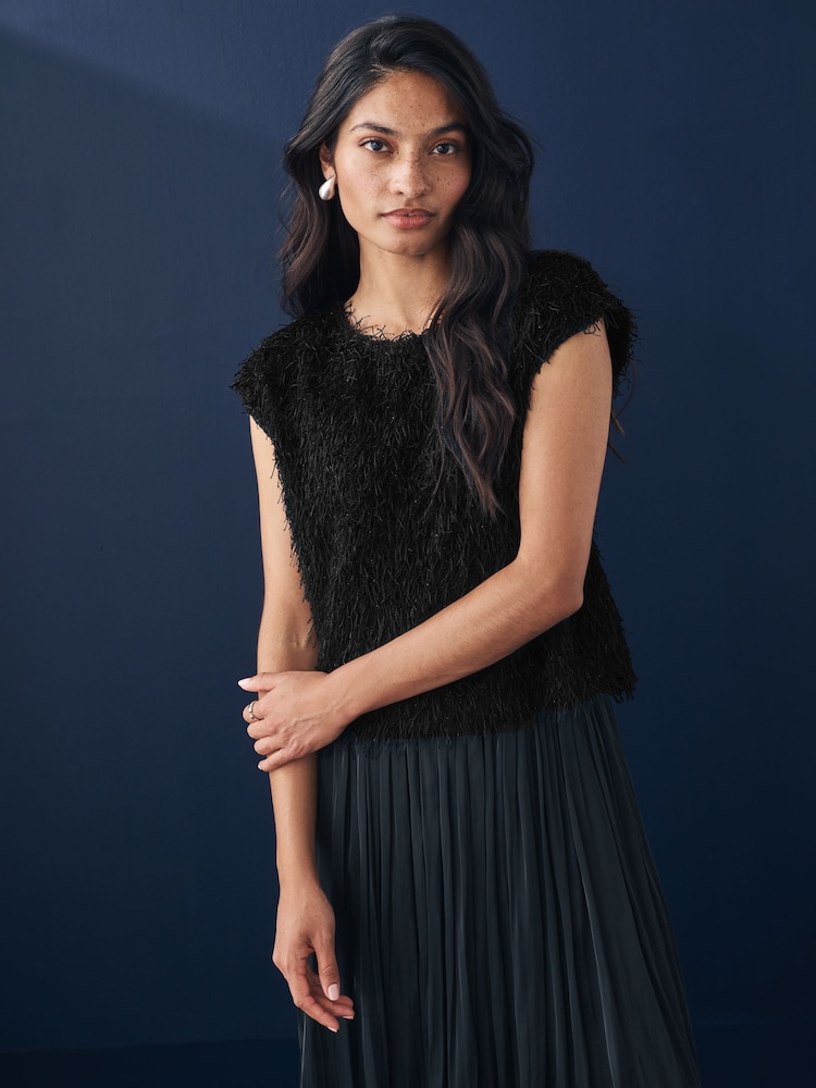 Black Short Sleeve Fluffy Top - Image 1 of 7
