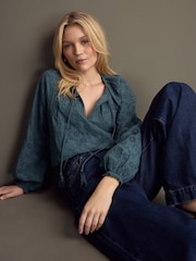 Blue Textured Floral Cornelli Embroidered Long Sleeve 100% Cotton Boho Blouse - Image 1 of 11