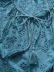 Blue Textured Floral Cornelli Embroidered Long Sleeve 100% Cotton Boho Blouse - Image 10 of 11