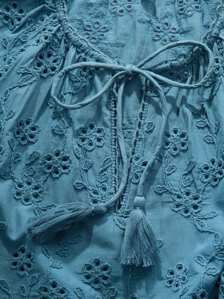 Blue Textured Floral Cornelli Embroidered Long Sleeve 100% Cotton Boho Blouse - Image 10 of 11