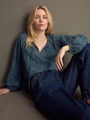 Blue Textured Floral Cornelli Embroidered Long Sleeve 100% Cotton Boho Blouse - Image 2 of 11