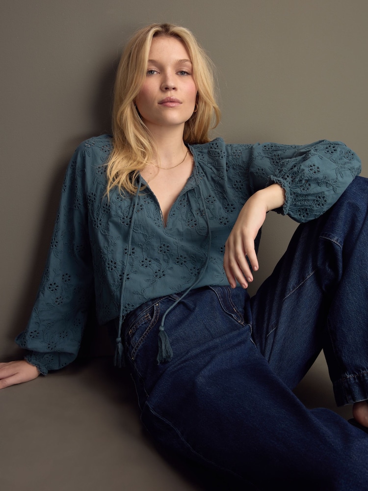 Blue Textured Floral Cornelli Embroidered Long Sleeve 100% Cotton Boho Blouse - Image 2 of 11