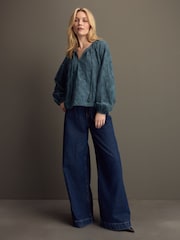 Blue Textured Floral Cornelli Embroidered Long Sleeve 100% Cotton Boho Blouse - Image 3 of 11