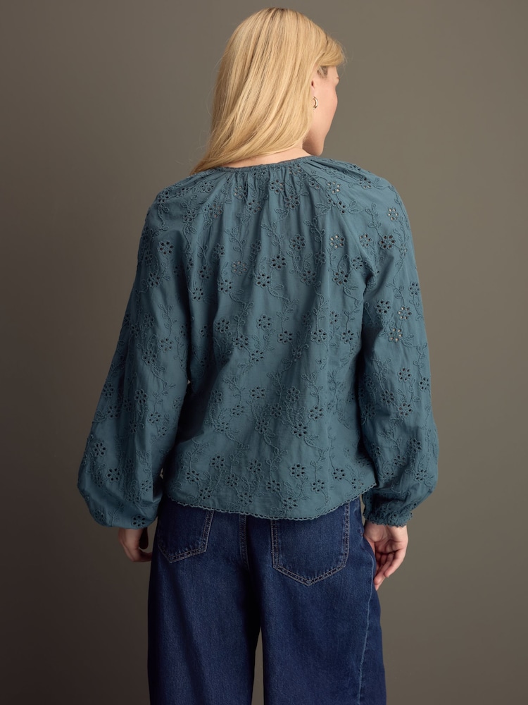 Blue Textured Floral Cornelli Embroidered Long Sleeve 100% Cotton Boho Blouse - Image 4 of 11