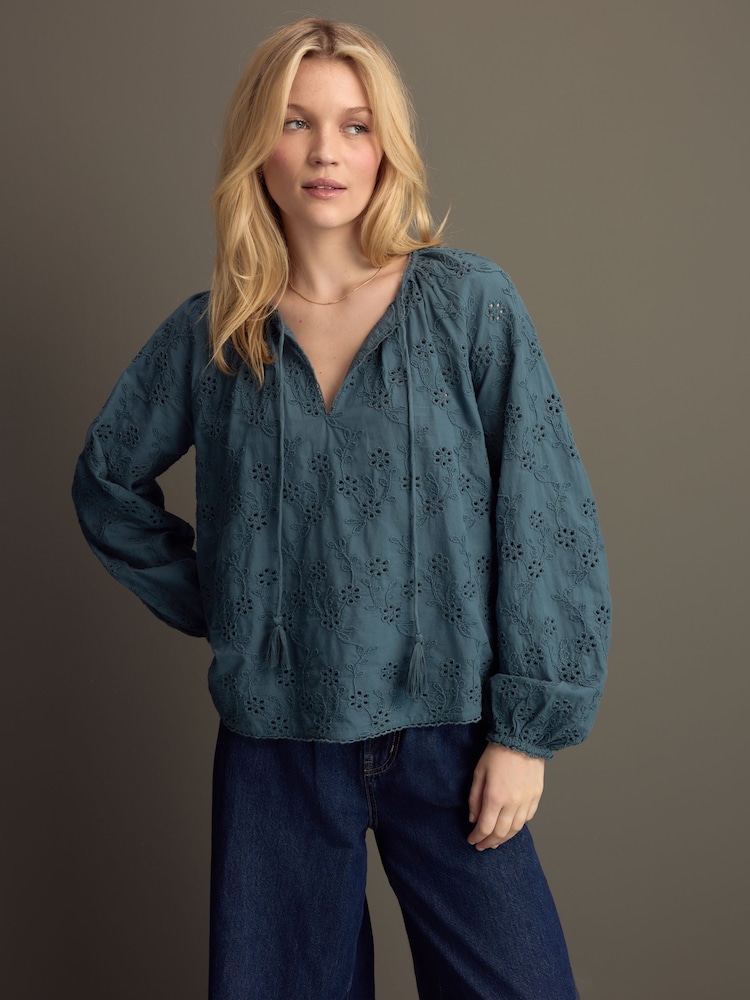 Blue Textured Floral Cornelli Embroidered Long Sleeve 100% Cotton Boho Blouse - Image 5 of 11