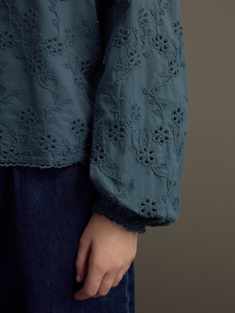 Blue Textured Floral Cornelli Embroidered Long Sleeve 100% Cotton Boho Blouse - Image 6 of 11