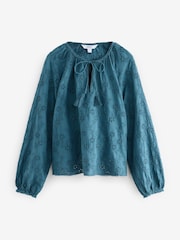 Blue Textured Floral Cornelli Embroidered Long Sleeve 100% Cotton Boho Blouse - Image 8 of 11