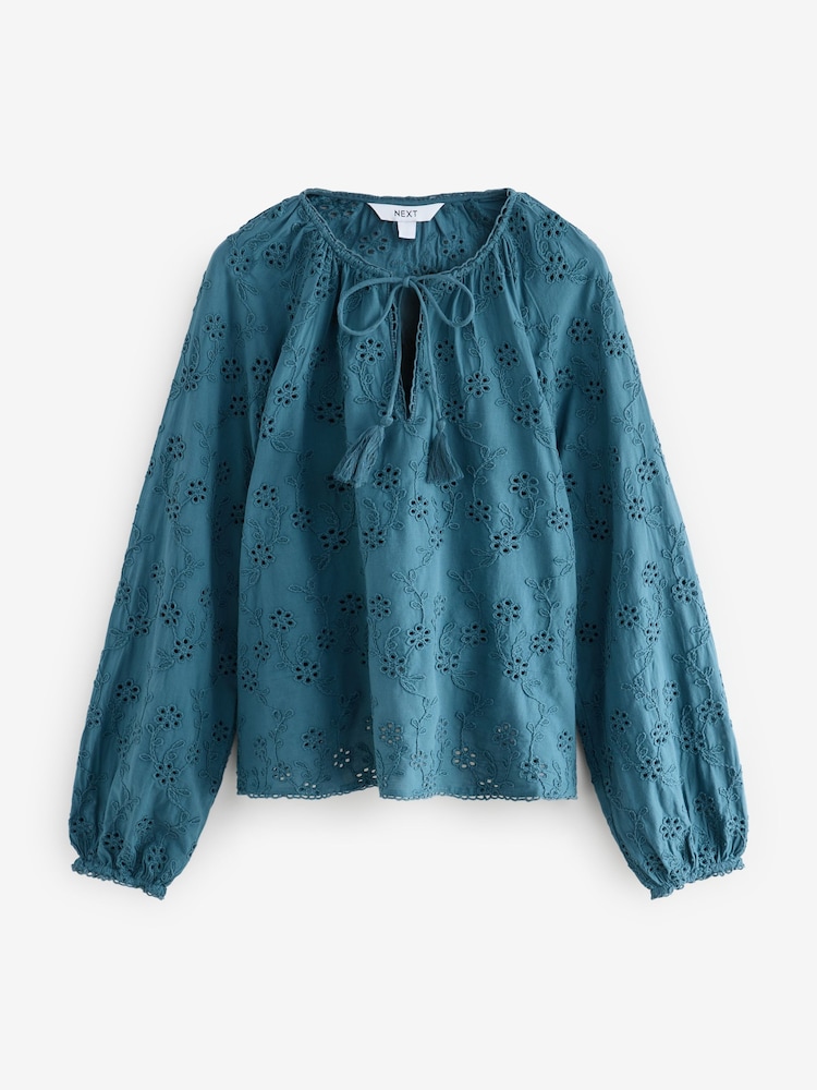 Blue Textured Floral Cornelli Embroidered Long Sleeve 100% Cotton Boho Blouse - Image 8 of 11