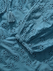 Blue Textured Floral Cornelli Embroidered Long Sleeve 100% Cotton Boho Blouse - Image 9 of 11