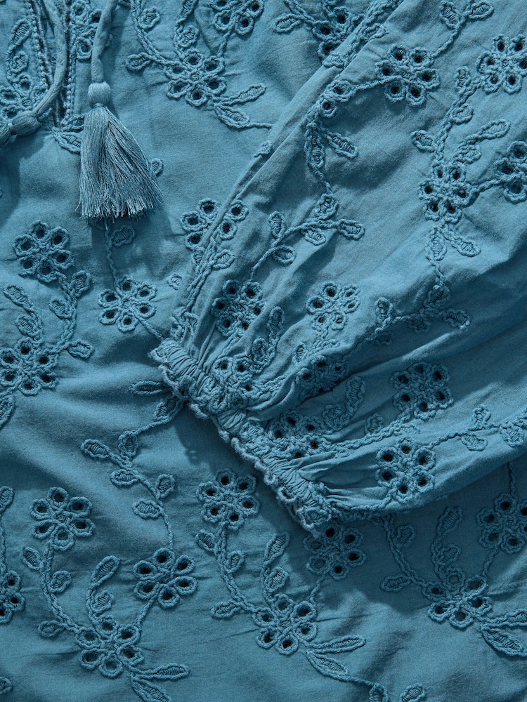 Blue Textured Floral Cornelli Embroidered Long Sleeve 100% Cotton Boho Blouse - Image 9 of 11
