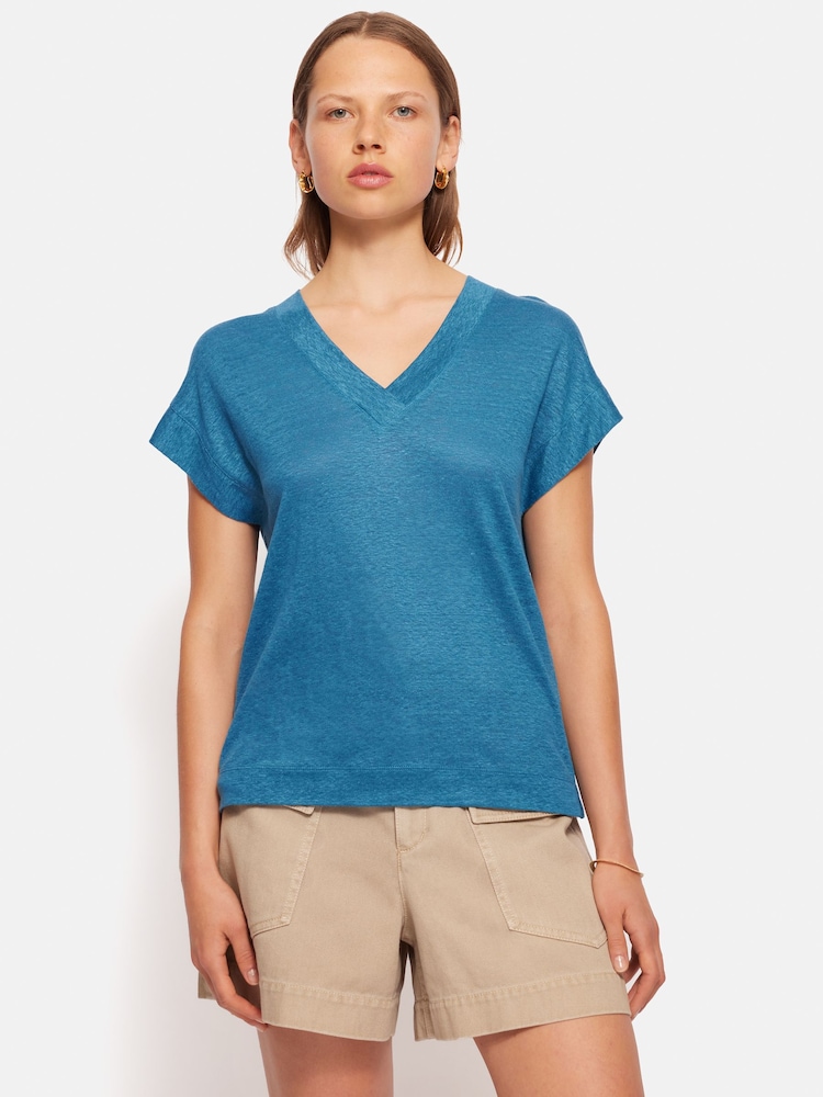 Jigsaw Blue 100% Linen V-Neck T-Shirt - Image 1 of 6 Jigsaw Blue 100% Linen V-Neck T-Shirt - Image 1 of 6