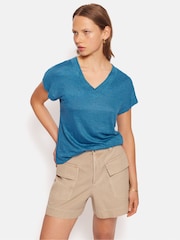 Jigsaw Blue 100% Linen V-Neck T-Shirt - Image 4 of 6
