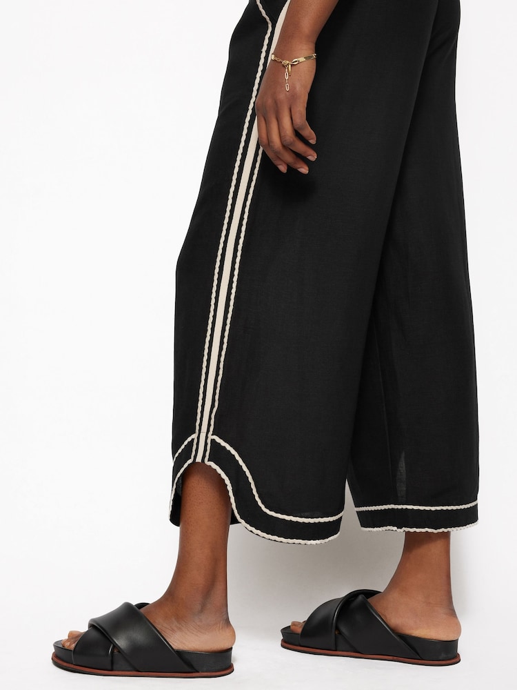Jigsaw Black Scalloped Embroidery Linen Blend Trousers - Image 2 of 5