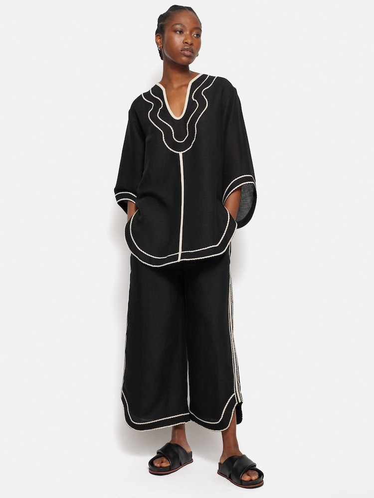 Jigsaw Black Scalloped Embroidery Linen Blend Trousers - Image 5 of 5