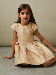 Reiss Gold Nia 9-13 yrs Metallic Pleated Cap Sleeve Dress - Image 1 of 4