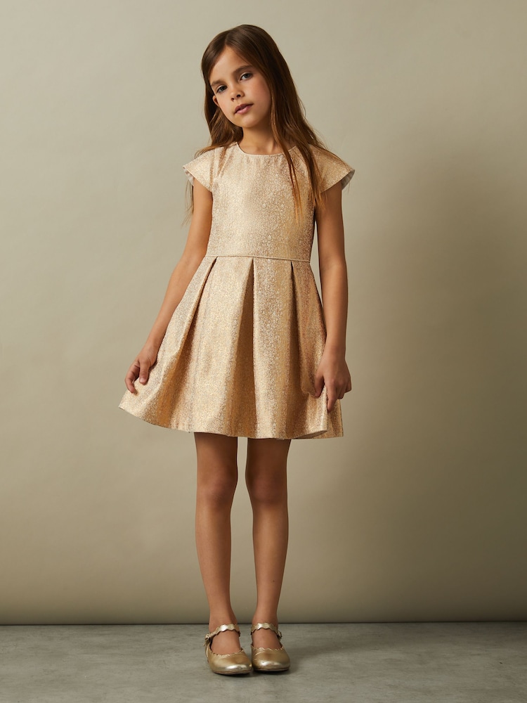 Reiss Gold Nia 4-9 yrs Metallic Pleated Cap Sleeve Dress - Image 1 of 4