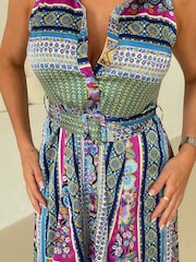 Girl In Mind Blue Alora Sleeveless Border Print Mini Shirt Dress - Image 2 of 4