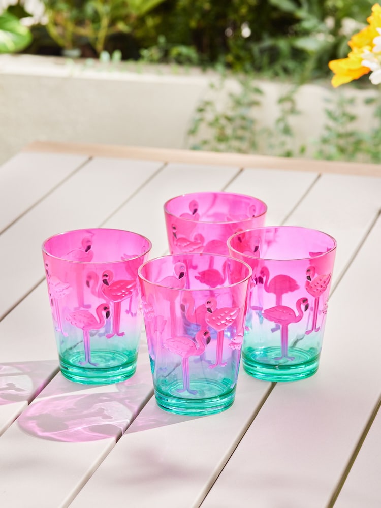 Pink/Turquoise Blue Flamingo Picnic Set of 4 Tumbler Glasses - Image 2 of 4