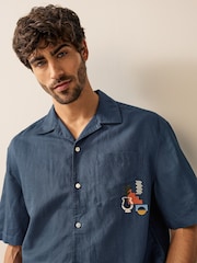 Blue Short Sleeve Linen Blend Embroidered Shirt With Cuban Collar - Image 1 of 7