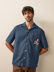 Blue Short Sleeve Linen Blend Embroidered Shirt With Cuban Collar - Image 2 of 7