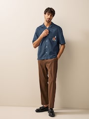 Blue Short Sleeve Linen Blend Embroidered Shirt With Cuban Collar - Image 3 of 7